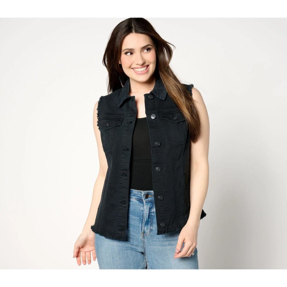 LOGO by Lori Goldstein Women’s Denim Vest with Fray Details, Black,  Size 0